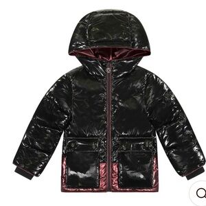Cozy Coop Metallic Piping Jacket in Black/Ruby. Shiny black puffer size 7 Great!